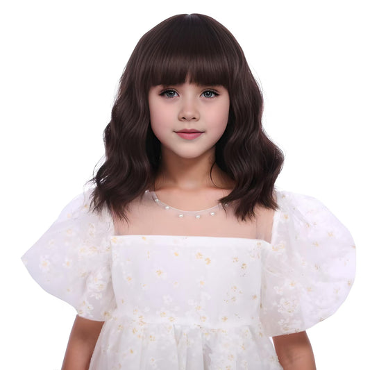 DUDUWIG Dark Brown Wig for Kids Girls Short Chocolate Brown Wavy Curly Wig Brown Wig with Air Bangs for Children Heat Resistant Synthetic Wig with Wig Cap