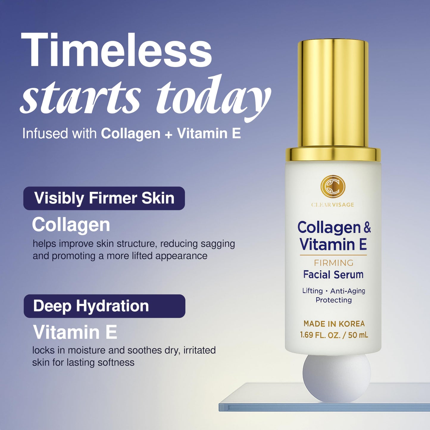 Clear Visage Collagen & Vitamin E Face Serum - Dermatologist Tested, Anti Aging Korean Skin Care - Hydrates, Firms & Smooths Fine Lines - Vegan, Clean Beauty, Cruelty-Free - 1.69 Fl Oz