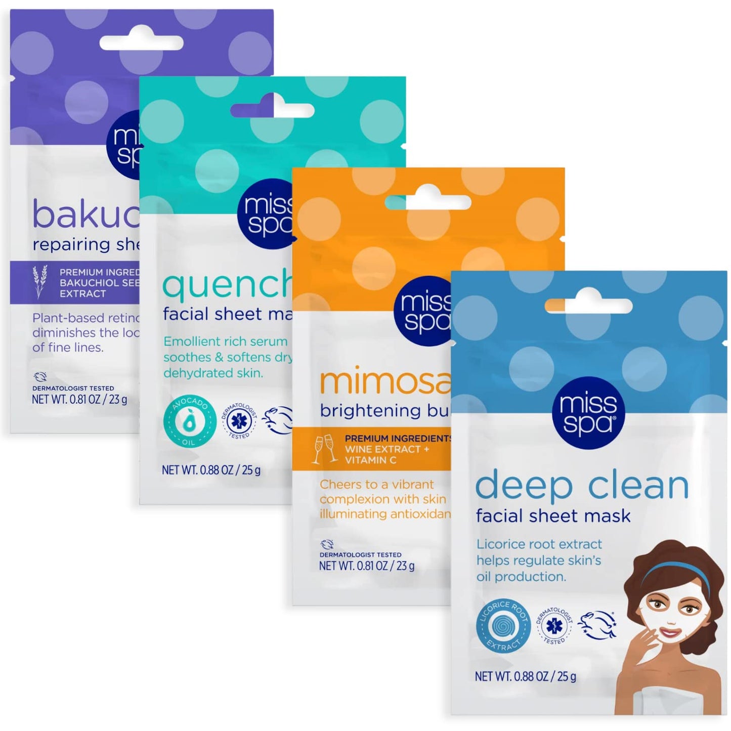 MISS SPA Face Mask Skin Care Set for Women, Deep Clean Face Mask, Quench, Mimosa fizz, Bakuchiol Facial Sheet Mask, Anti-Aging, Anti-Wrinkle, Hydrating Face Mask Skin Care, 4-Pack