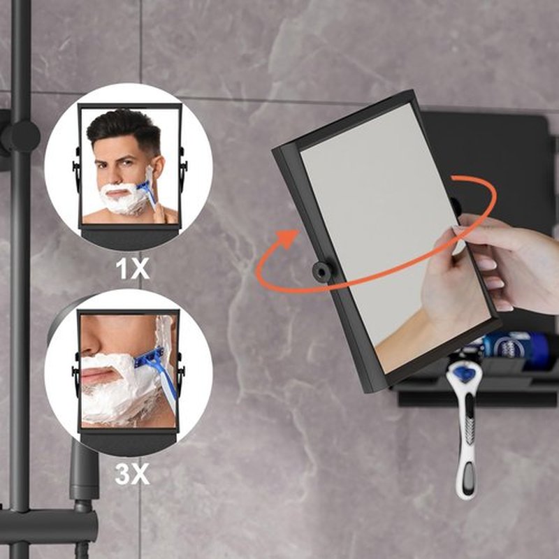 APLOP Shower Mirror Fogless and Shower Hook - Dual-Sided 1X/3X Magnification, Anti-Fog Shaving Mirror with Squeegee, Rust-Proof, Black