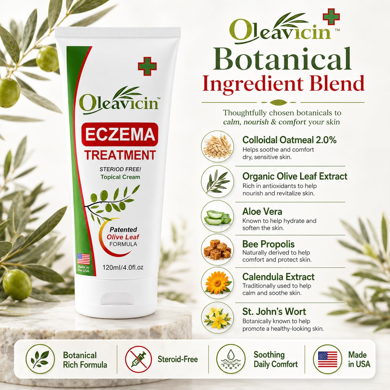 Oleavicin Eczema Treatment Cream (3 Pack) - Anti Itch & Psoriasis Relief for Dry, Itchy, Irritated Skin - Steroid-Free with Organic Olive Leaf Extract - Soothing for Sensitive Skin, Kids & Adults