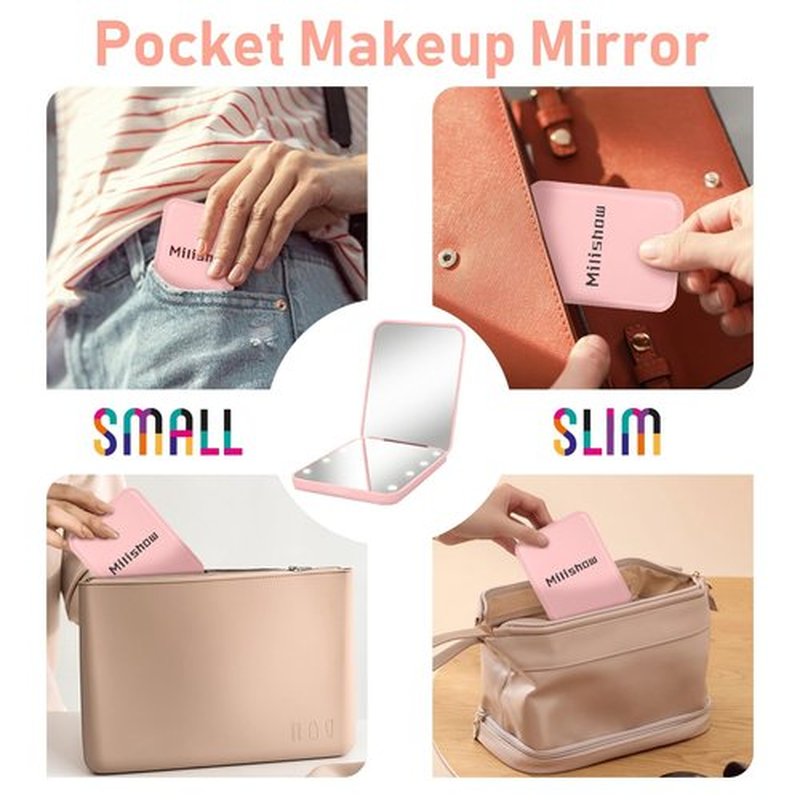 Milishow Compact Mirror, 1x/3x Magnifying LED Pocket Mirror, Small Lighted Travel Makeup Mirror for Purse, Handbag, Folding, Handheld, 2-Sided Mini Mirror with Lights for Women (Black+Pink 2 Pack)