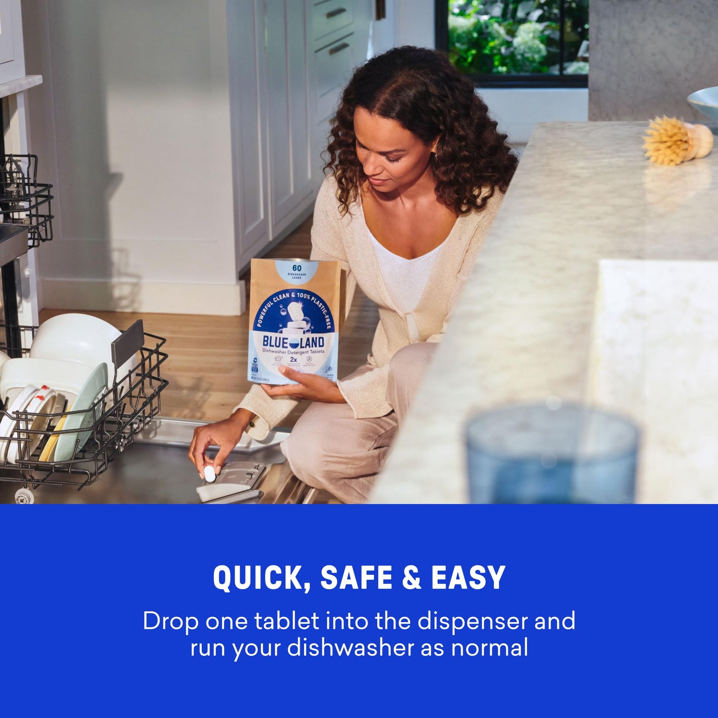 BLUELAND 100% Plastic-Free Dishwasher Detergent Tablets, 60 Count, Free & Clear, Eco-Friendly Dishwashing Pods, Cuts Grease & Stuck on Food, Rinses Clean for Streak-Free Shine