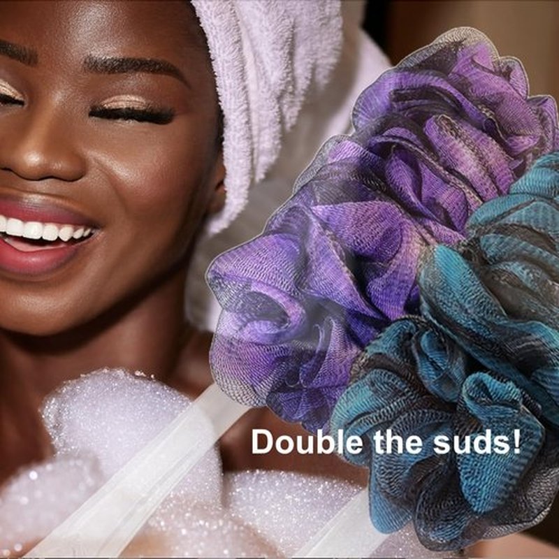 Loofah-Charcoal Back-Scrubbers Color-2-Pack-by-Shower-Bouquet: Long-Handle Bath-Sponge-Brushes with Extra Large Soft Mesh for Men & Women - Exfoliating Full Pure Cleanse in Bathing Accessories