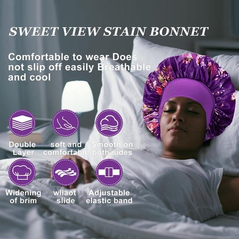 4PCS Silk Bonnet for Sleeping,Satin Bonnets Hair Wrap Cap for Black Women Men for Curly Hair,Elastic Wide Band Hair Bonnet Print Shower Cap for Sleeping (Black & Wine Red & Purple & Leopard Pattern)