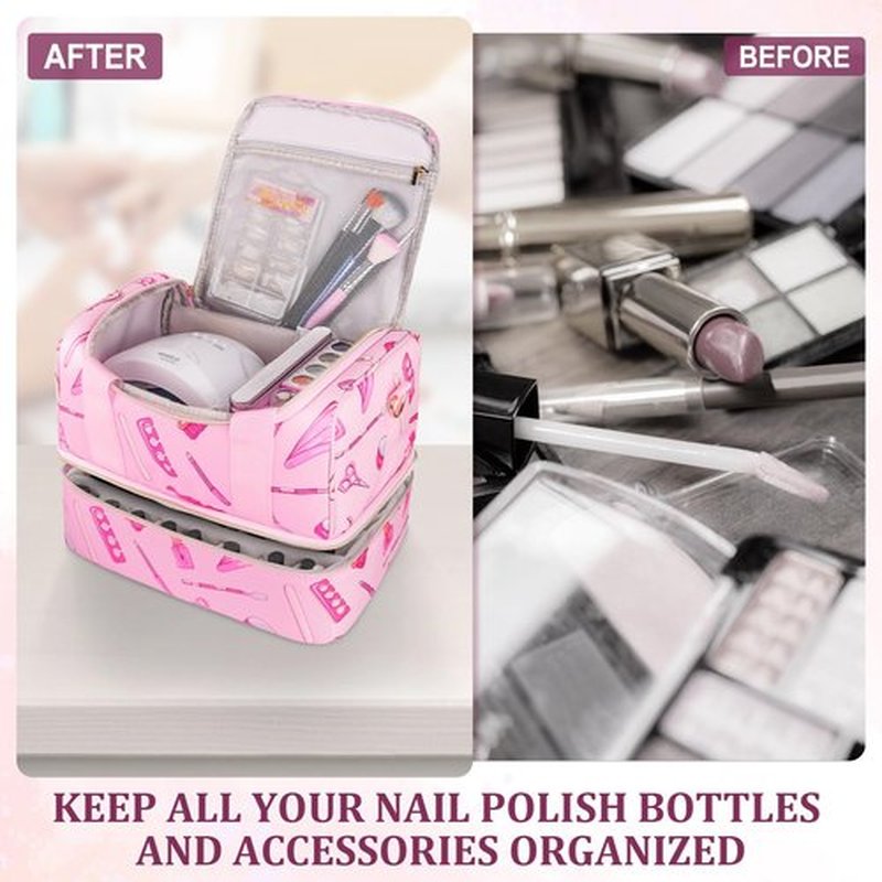 Jaffzora Nail Polish Organizer Case, Double Layers Nail Organizers and Storage, Holds 40 Bottles Gel Nail Polish&Nail Lamp, Travel Nail Supplies Carrying Bag for Nail Art Tech & Manicure Tools,Pink