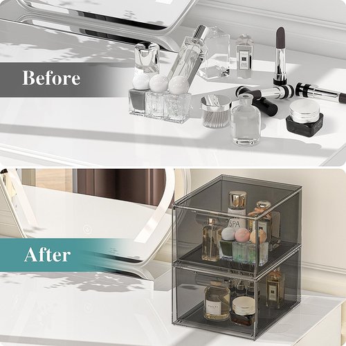 SpaceHacks 2 Pack Stackable Makeup Organizer and Storage, Acrylic Organizers，Clear Plastic Storage Drawer with Pull-Out Handles for Vanity, Undersink, Kitchen Cabinets, Pantry, Black