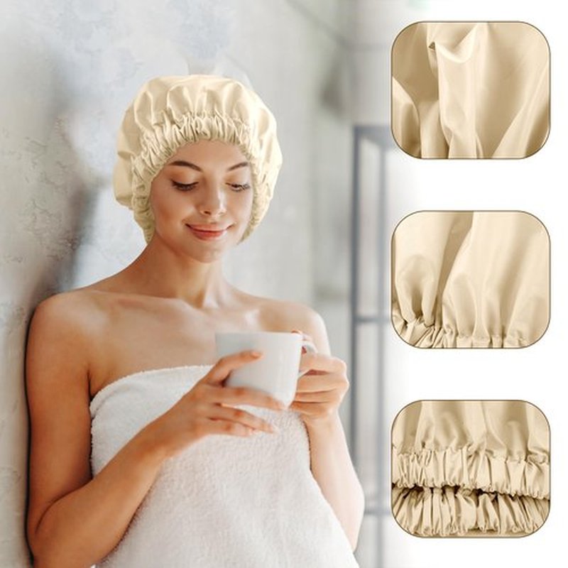 Reusable Shower Cap for Women, Large Waterproof Shower Bonnet Washable Elastic Band Bath Hair Hat for Long Hair, Braids(Light Champagne)