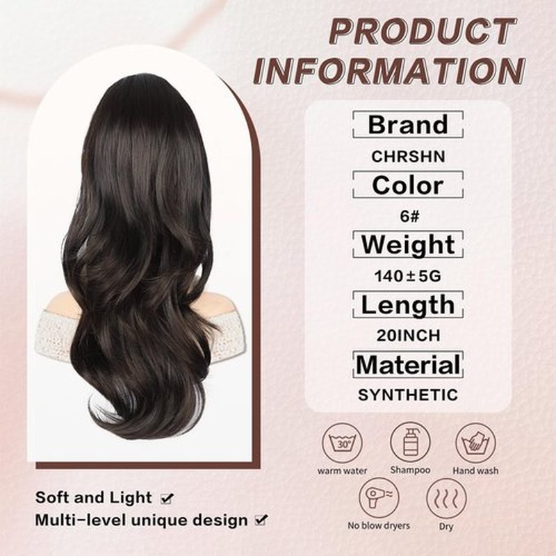 CHRSHN Ponytail Extension, Drawstring Ponytail Extension for Women Long Black Brown Wavy Pony Tails Hair Extensions Synthetic Wavy Clip in Ponytail Hairpiece for Women