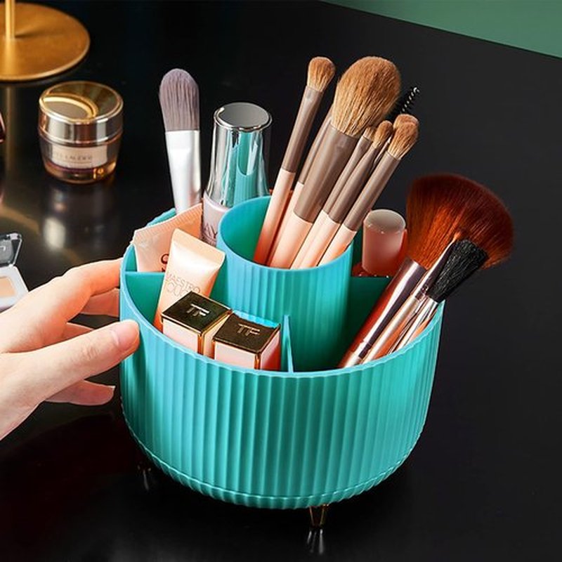 Diesisa 360 Rotating Makeup Brush Organizer With 5 Sections, Spining Countertop Swivel Makeup Brush Holder for Cosmetics, Nail Polish, Art Supply, Bathroom Vanity Desktop Organizer - Blue