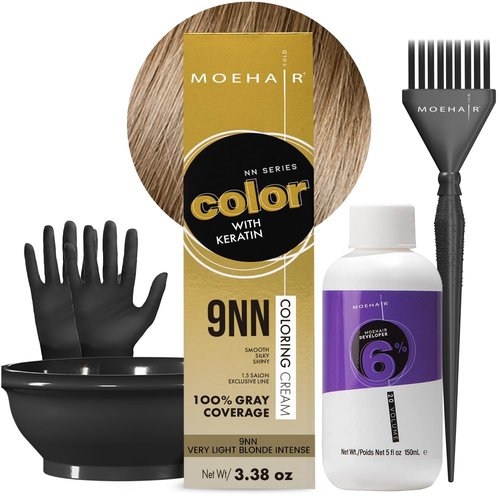 MOEHAIR Hair Coloring Kit | 9NN Permanent Hair Color (Very Light Blonde Intense), 20 Volume Developer 6%, Coloring Brush, Gloves & Mixing Bowl| Keratin Infused Color | Gray Coverage | Adds Shines