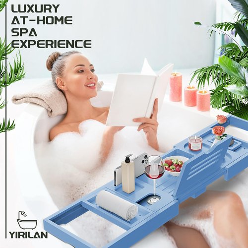 Yirilan Premium Bathtub Tray Caddy - Expandable Bath Tray - Unique House Warming Gifts, New Home, Anniversary & Wedding Gifts for Couple, Bridal Shower Gift for Women-Blue