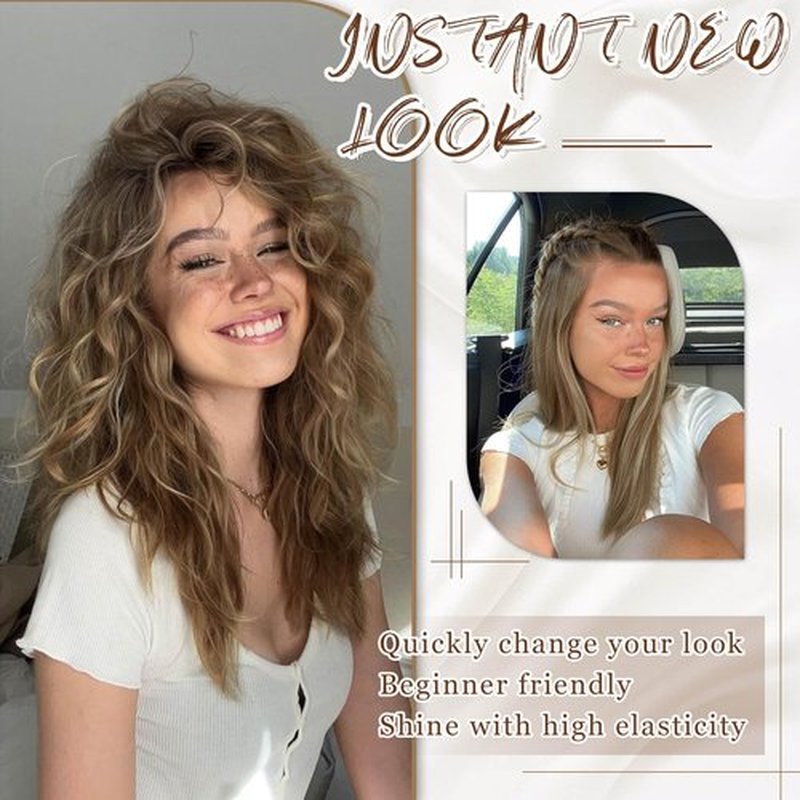 Marjorie Invisible Hair Extensions,14inch Curly Hair Extensions Clip ins with Upgrade Soft Thinner Seamless Lace Weft Natural Wavy Hairpieces for Women - Dark Brown with Highlights