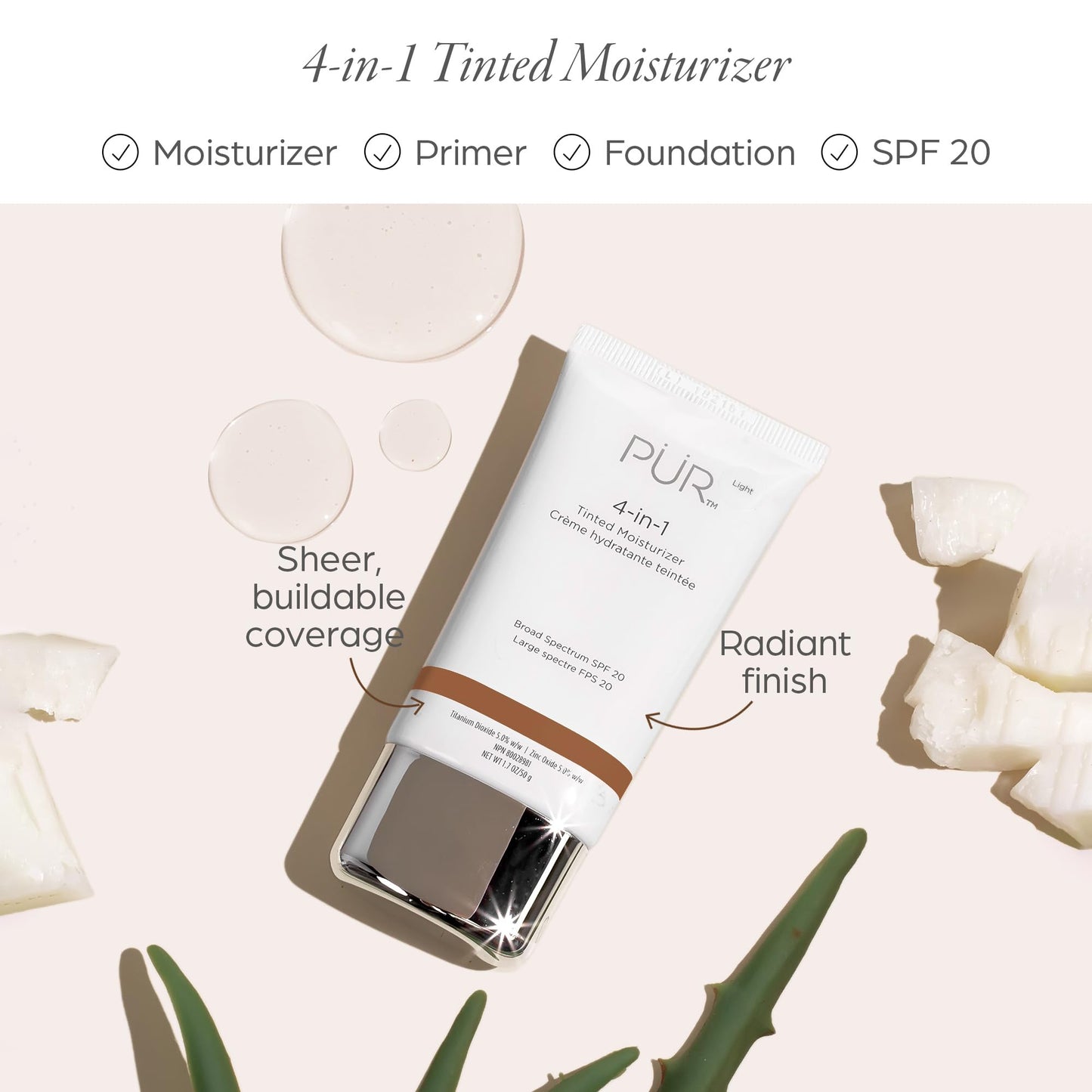 PÜR MINERALS 4-in-1 Tinted Moisturizer with SPF 20 - Hydrating Skin Tint Face Moisturizer, Primer & Foundation with Shea Butter, Aloe Vera & Vitamin B3 - Vegan Friendly, Paraben Free (Dark)