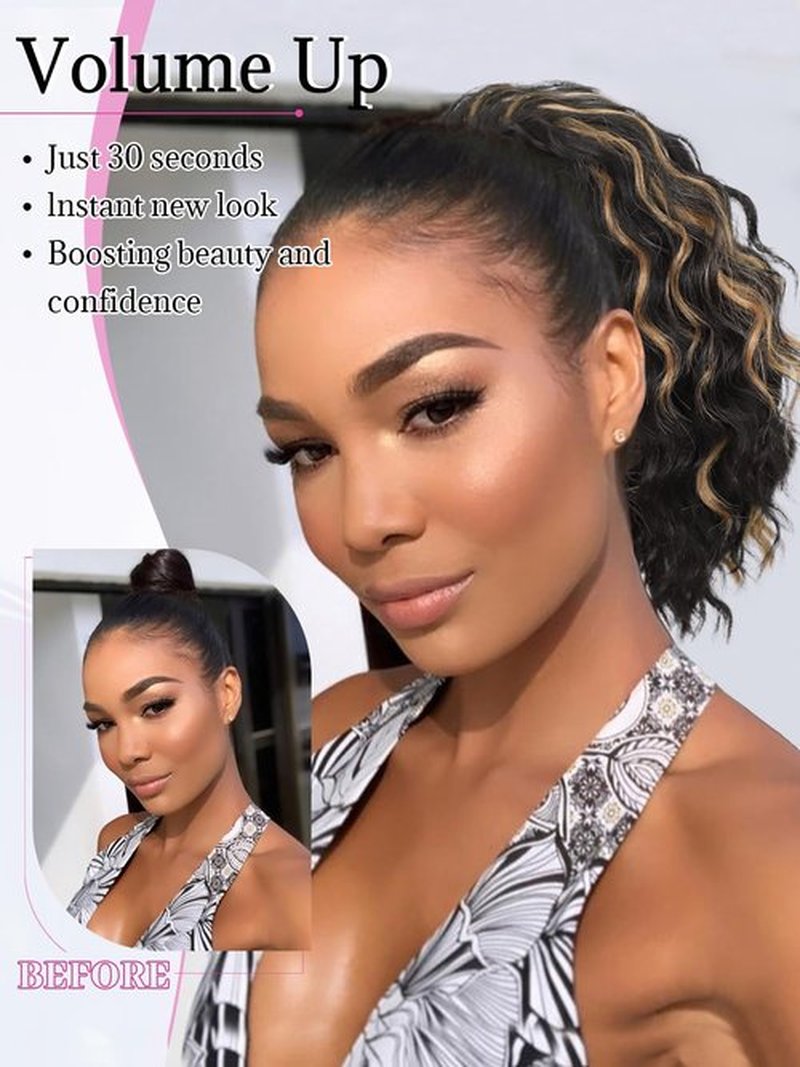 Isaic Ponytail Extension 8Inch Short Wavy Curly Ponytails Drawstring Ponytail for Black Women Black Mixed Ginger Pony Tails Hair Extensions Synthetic Hairpiece for Daily Use