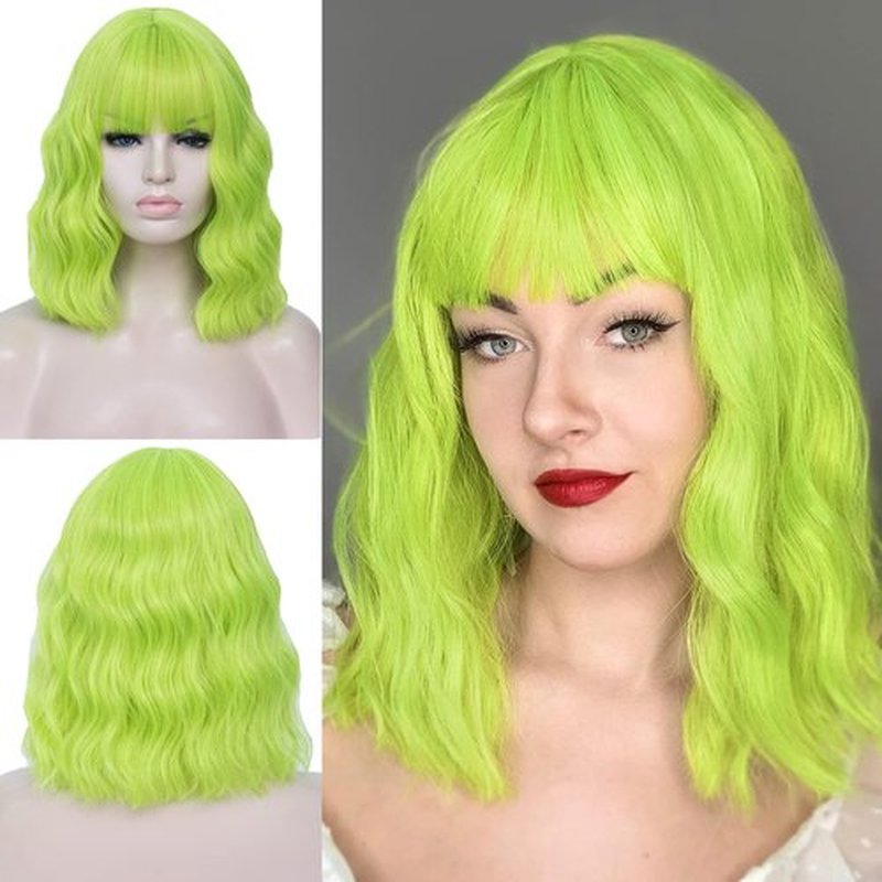 WGPFWIG Women's Yellow Green Wig Short Curly Wavy Wig Shoulder Length Flat Bangs Wig For Women Girl Cosplay Party Halloween Wig Cap Included (Yellow Green)