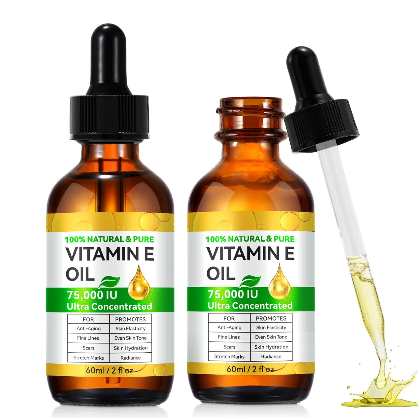 2PCS Vitamin E Oil for Skin Blend 75,000 IU, Natural Organic Vitamin E oil for Scars, Hair & Face (2 Fl Oz) - Non GMO, Cold Pressed, Cruelty Free Skin Repair & Moisturizing Solution, Easy to Absorbed