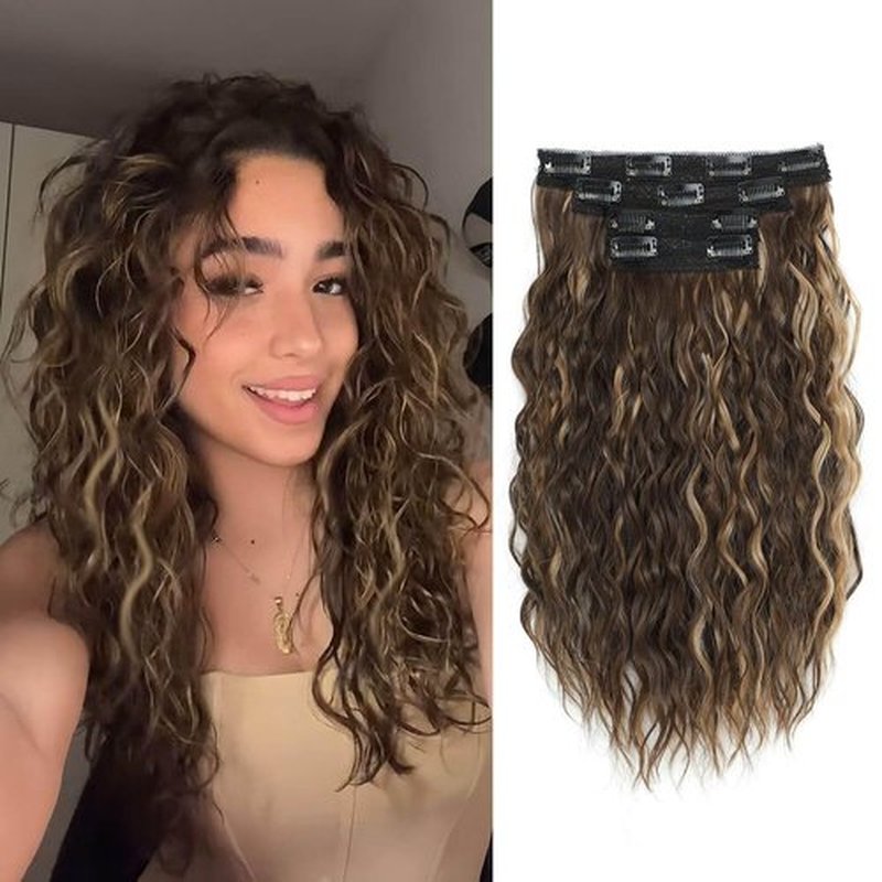 Marjorie Invisible Hair Extensions,14inch Curly Hair Extensions Clip ins with Upgrade Soft Thinner Seamless Lace Weft Natural Wavy Hairpieces for Women - Dark Brown with Highlights
