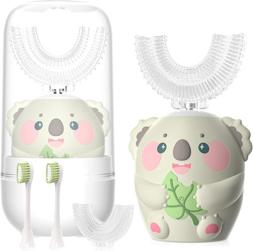 ELOTAME Cartoon Kids U Shaped Electric Toothbrush with 4 Brush Heads,Full Mouth 360-Degree Cleaning Sonic Automatic Toothbrush with IPX7 Waterproof (8-15 Age Grey with Cup)