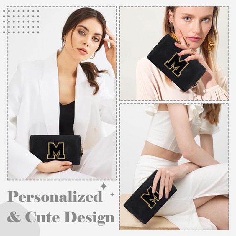 Personalized Initial A-Z Preppy Patch Makeup Bag,Small PU Chenille Letter Cosmetic Bag with Zipper for Teen Girls,Black Cute Toiletry Organizer Bag,Monogram Makeup Case Gift for Women Girls,Letter M