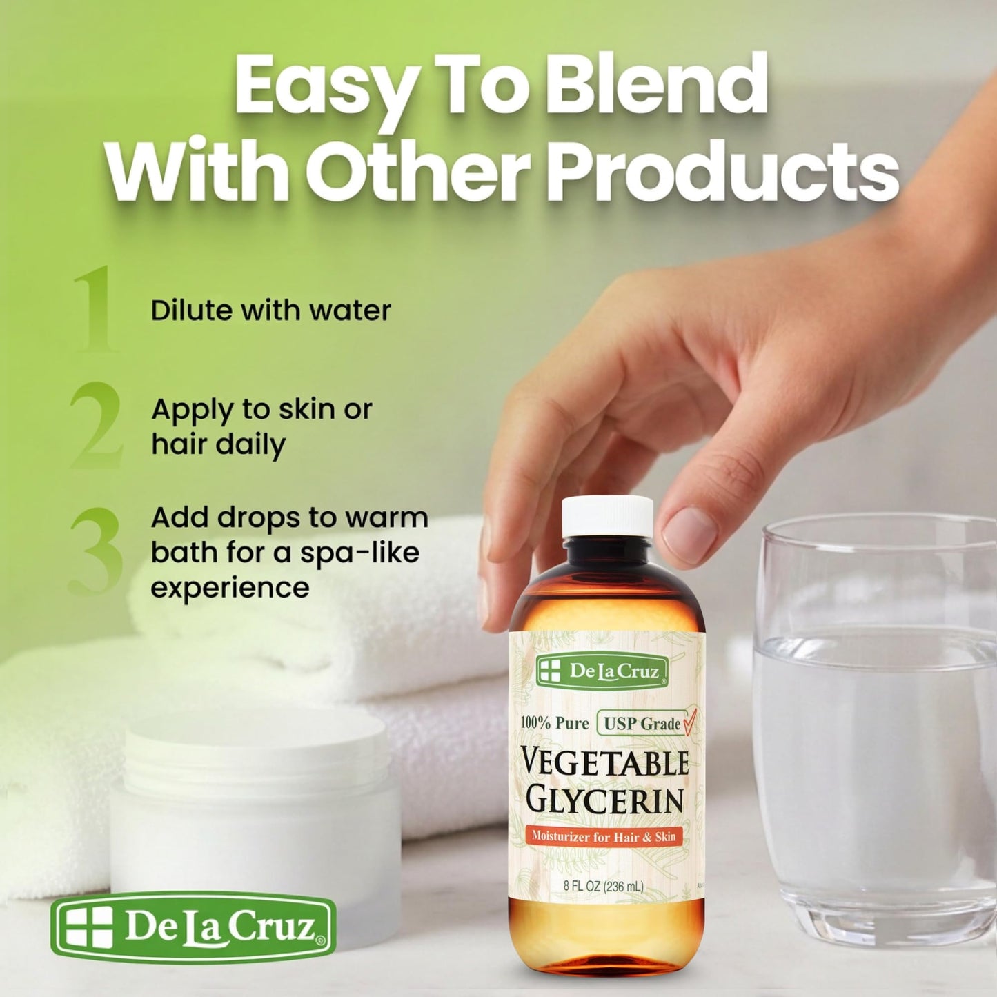 De La Cruz Vegetable Glycerin, 100% Pure Liquid Glycerine USP Grade for Hair, Skin and DIY Projects 8 FL. OZ.