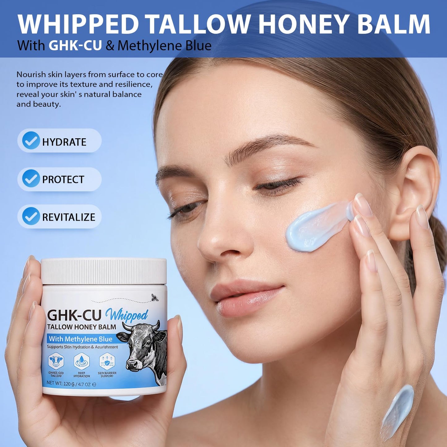 GHK-Cu Peptide Cream for Face, Blue Beef Tallow Moisturizer with Copper Peptides, Methylene Blue, Manuka Honey & Vitamin E – Anti-Aging Firming Repair, Gentle & Safe for Dry Sensitive Mature Skin