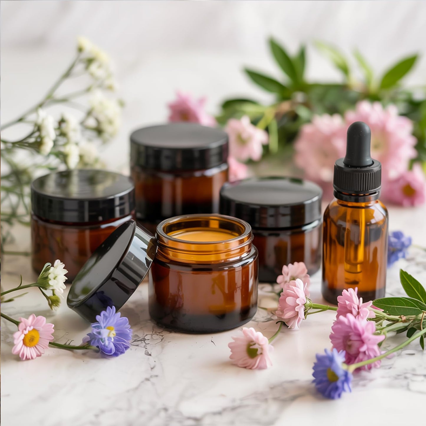 UPBUD Amber 2oz Glass Jars with Lids - 24 Pack Brown Small Cosmetic Containers with Stickers & 2 Spoons, Wide-Round Smooth Mouth, Sealable for Creams, Lotions, Body Butter, Travel Samples