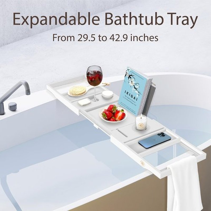 Foldable Bathtub Tray - Expandable Bamboo Bath Caddy with Wine, Book & Tablet Holder - Luxurious Bath Accessories, Perfect Spa Experience, Unique Gifts for Mom, Women, Couples, Housewarming (White)