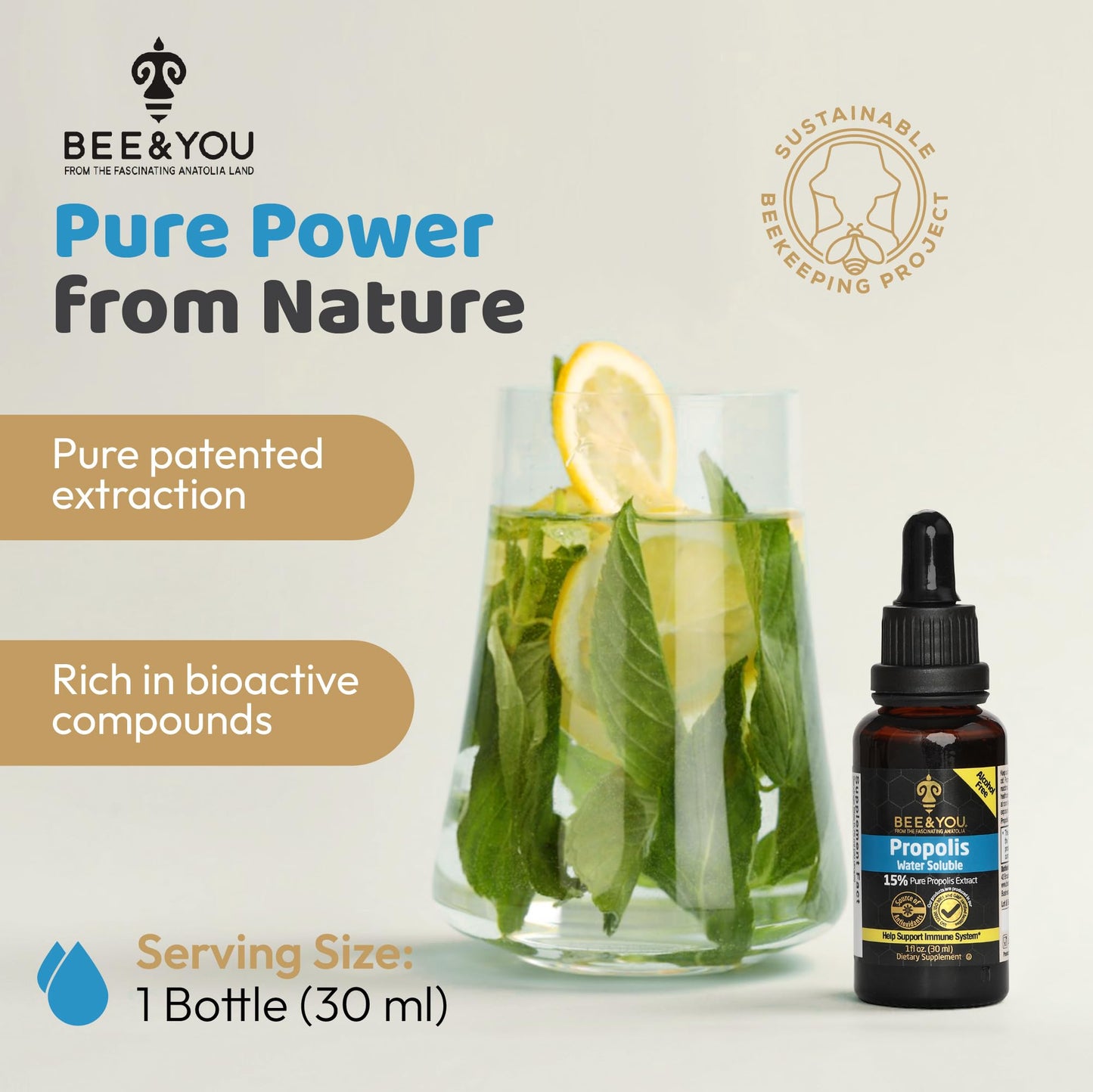 Bee and You Natural Pure Propolis Extract – Water Soluble, Bee Propolis,High Potency, Ultra Pure Immune Support Supplement, Antioxidants, Detox, Gluten-Free, 1 Fl Oz
