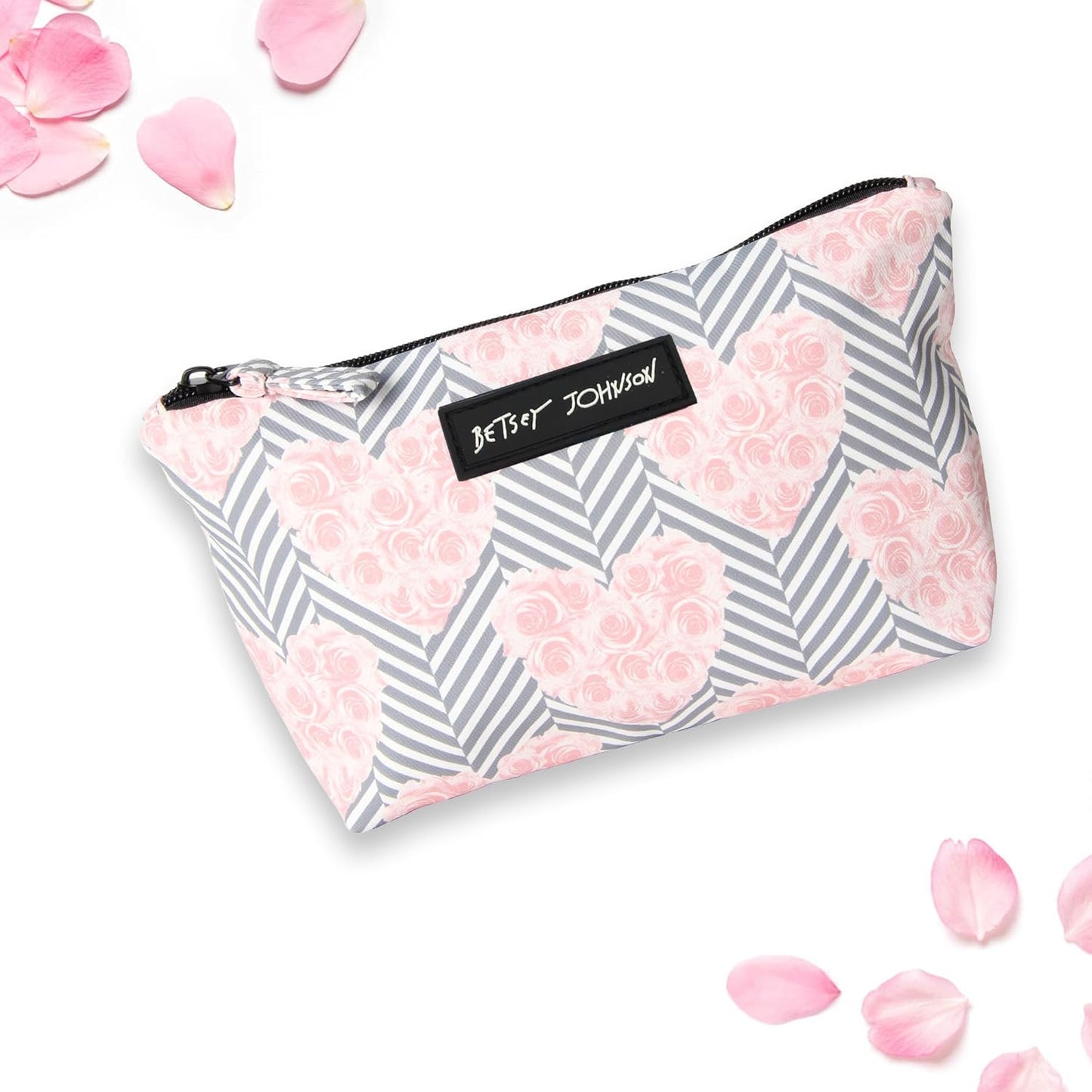 Betsey Johnson 8.5 Inch Zipper Cosmetic Pouch Small Toiletry Bag–Lightweight Durable Polyester Organizer with Inner Zipped Pocket Good For Makeup Accessories and Travel Needs (Covered Rose)