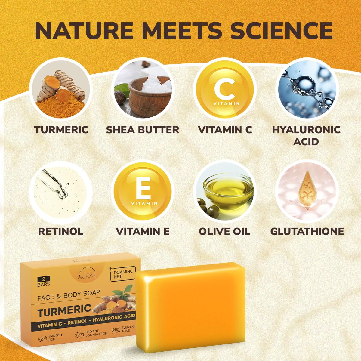 AURAE Turmeric Soap Bar for Clear, Hydrated Skin, Gentle Face & Body Cleanser with Retinol, Hyaluronic Acid, Shea Butter, Olive Oil & Vitamin E, Paraben & SLS Free (3.5oz x 2 Bars)