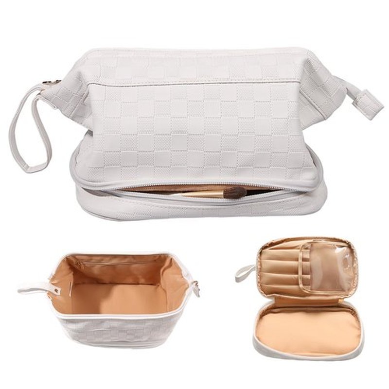 Abiudeng Large Makeup Bag,Double Layer Cosmetic Bag,Travel Makeup Bag,Leather Makeup Bag, Cosmetic Travel Bags,Portable Leather Toiletry Bag,Roomy Cosmetic Bag for Women and Girls
