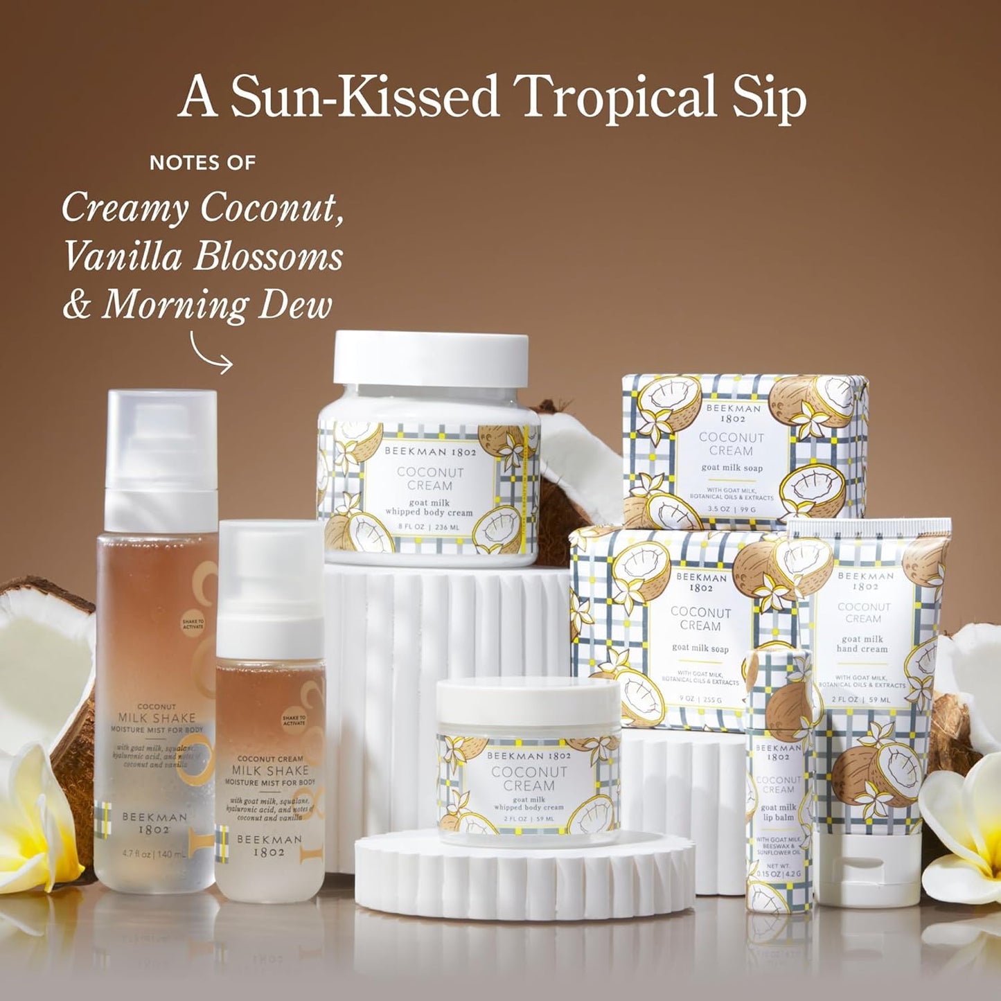 Beekman 1802 Coconut Cream 3-Piece Body Care Sampler Set – Goat Milk Skincare Mini Set with Body Cream, Hand Cream & Bar Soap – Travel Size Gift Set