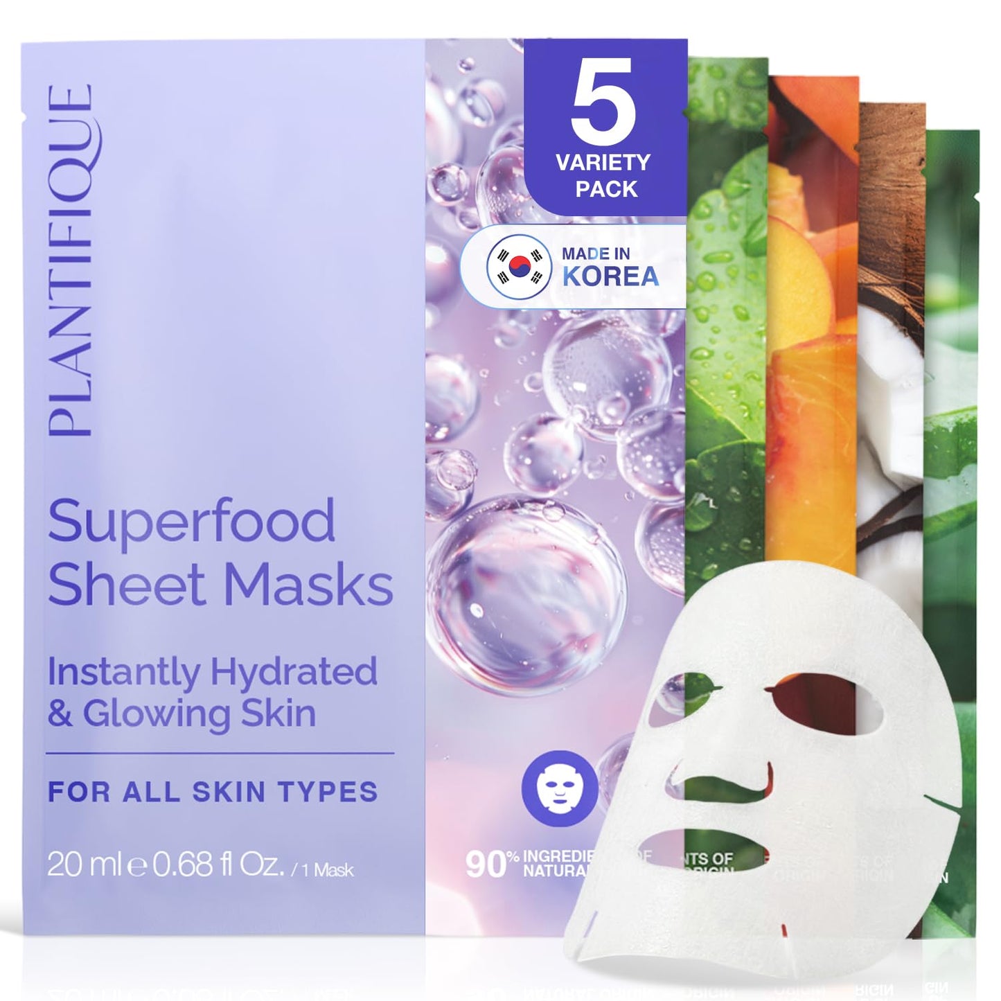 PLANTIFIQUE Korean Sheet Mask 5 Pack Variety Set - Hydrating Face Masks with Hyaluronic Acid - Soothing, Firming, Even Toning - Mascarillas Faciales