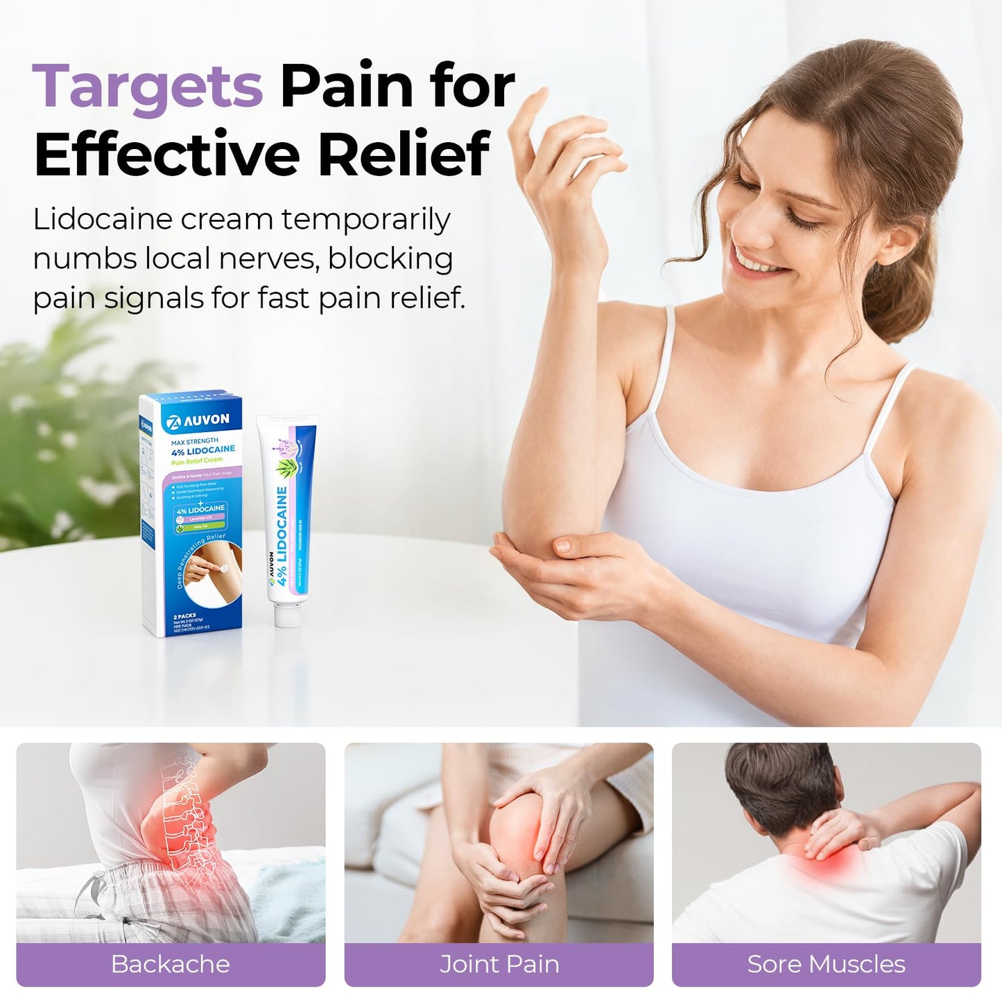 AUVON Max Strength Lidocaine Pain Relief Cream with Lavender & Aloe Vera, Numbing Cream for Minor Arthritis Pain, Soothing Muscle for Neck, Shoulder, Hip, Knee, Joint and Back Pain, 2 Oz, 2 Packs