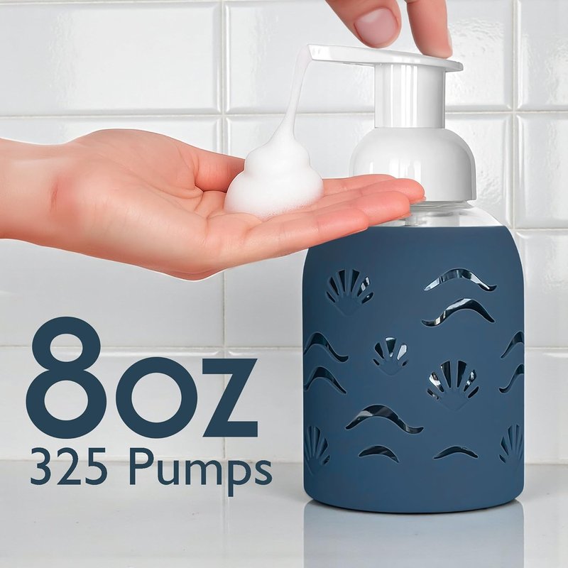 Foaming Glass Hand Soap Dispenser with Pump - Refillable Kitchen & Bathroom Soap Bottle | Storm Blue 8oz, Non-Slip Silicone Sleeve