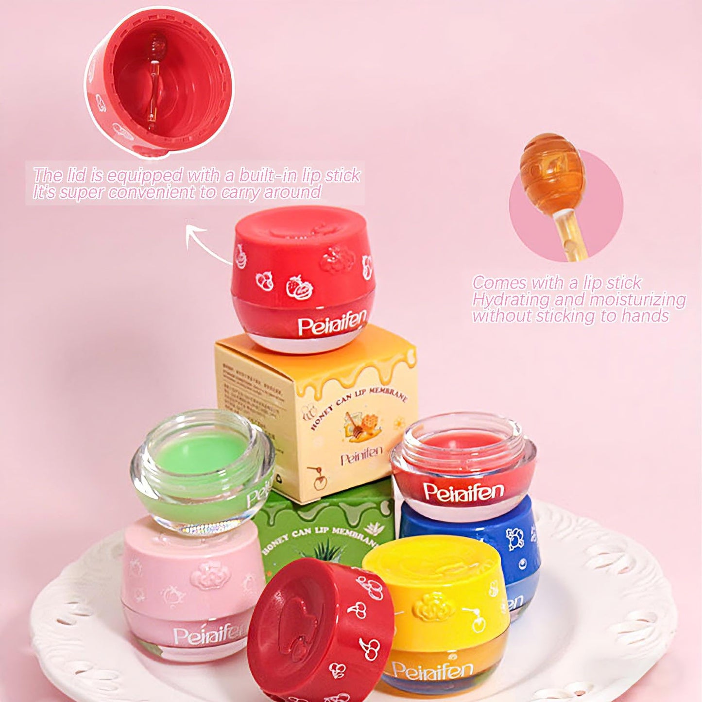 6PCS Bee Lip Balm Honey Pot, Fruit Moisturizing Propolis Lip Mask, Lip Mask Overnight Propolis Moisturizing Lip Balm Hydrating Prevention Dry and Crack Lip Scrubs Exfoliator Lip Care Products