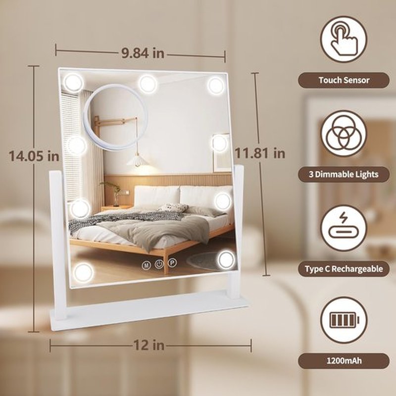 SLIMOON Lighted Makeup Mirror, 14"x 12" Hollywood Vanity Mirror with 9 LED Bulbs, 3 Color Lights, and Detachable 10X Magnification Mirror, 1200mAh Rechargeable, Touch Control, 360°Rotation (White)