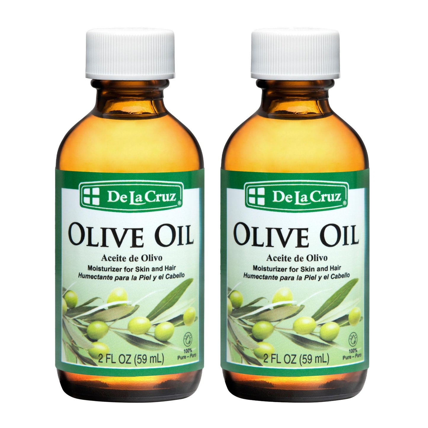 De La Cruz 100% Pure Olive Oil Expeller Pressed for Hair and Skin Lightweight Hair Oil and Moisturizer for Dry Skin and Beauty 2 Fl Oz (2 Bottles)