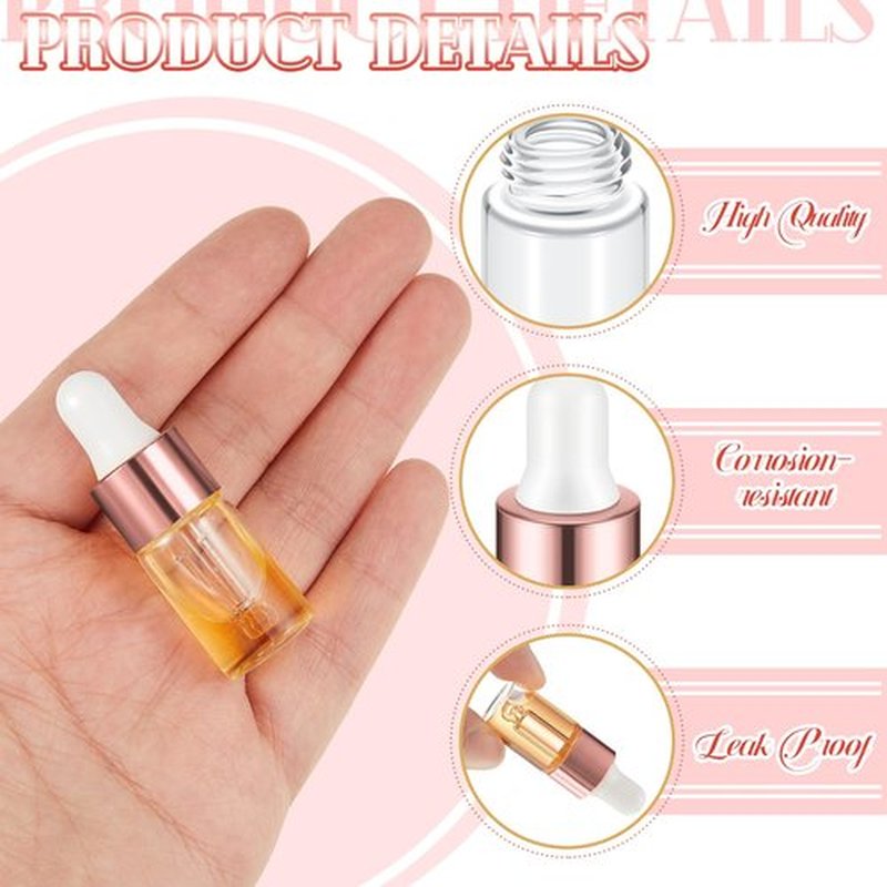 Didaey 100 Pcs Mini Glass Dropper Bottle Bulk, 3 ml Rose Gold Clear Essential Oil Dropper Bottles Small Tincture Empty Bottles Sample Containers Perfume Liquid Vials with Cap for Traveling