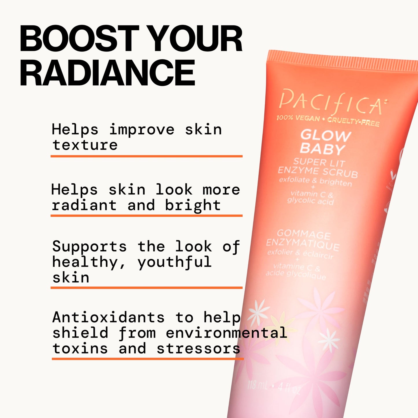 Pacifica Glow Baby Exfoliating Face Scrub, Brightening Enzyme Facial Cleanser w/Vitamin C & Glycolic Acid for Radiant Smooth Skin, Unclogs Pores & Removes Dead Skin, Microbead-Free Vegan (4 fl oz)