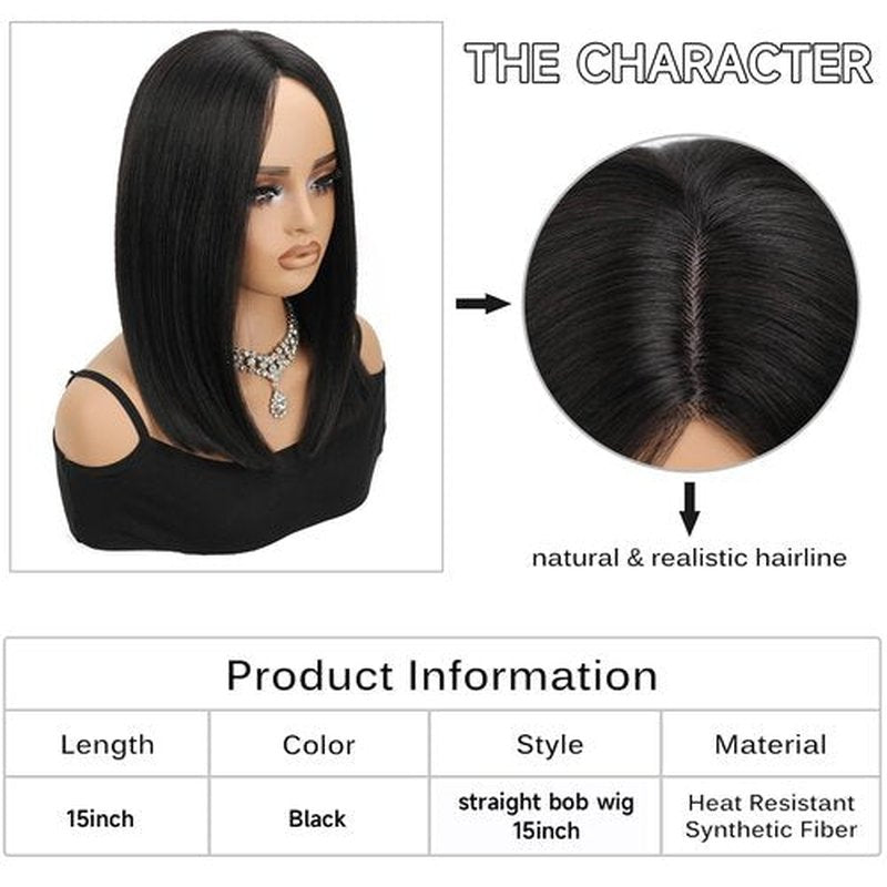 XC CLOUDS Black Bob Wigs Glueless Straight Wigs For Women Synthetic Heat Resistant Fiber Hair long bob wig Middle Part Natural Bob Wigs medium length wigs for women 16inch(Black)