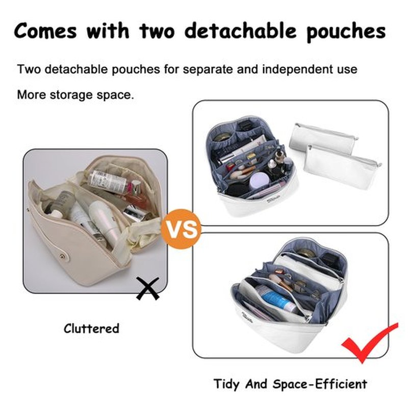Travel Makeup Bags Cosmetic Organizer Bag: 3-Set Large Capacity Make up Bag - PU Leather Toiletry Bag for Women - Wide Open Portable Pouch with Divider & Handle (02-White)