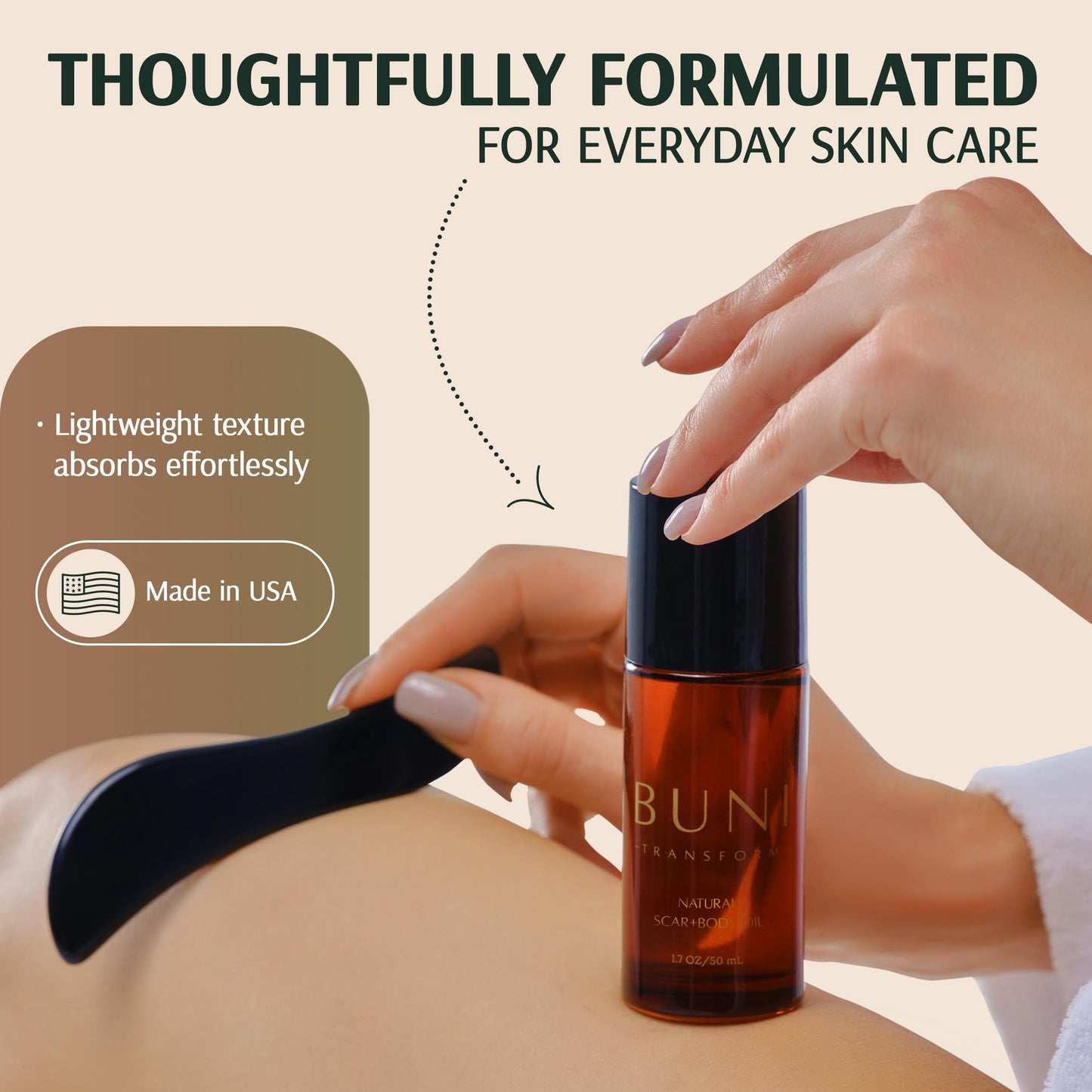 BUNI Scar & Stretch Mark Oil with Onyx Gua Sha Tool, 1.7 oz (50 ml)