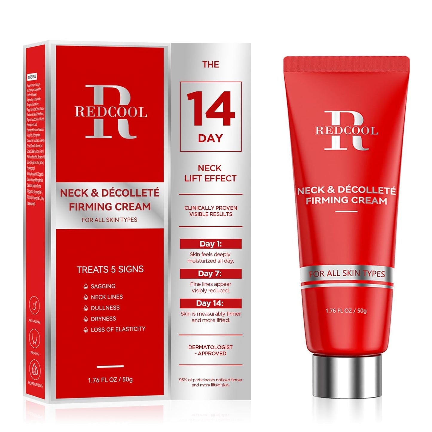 Redcool Retinol Neck Firming Cream – Neck Cream for Firming and Tightening, Skin Tightening Cream for Face, Tighten and Lift Neck Cream with Collagen & Hyaluronic Acid, Anti-Aging Moisturizer 1.76 oz