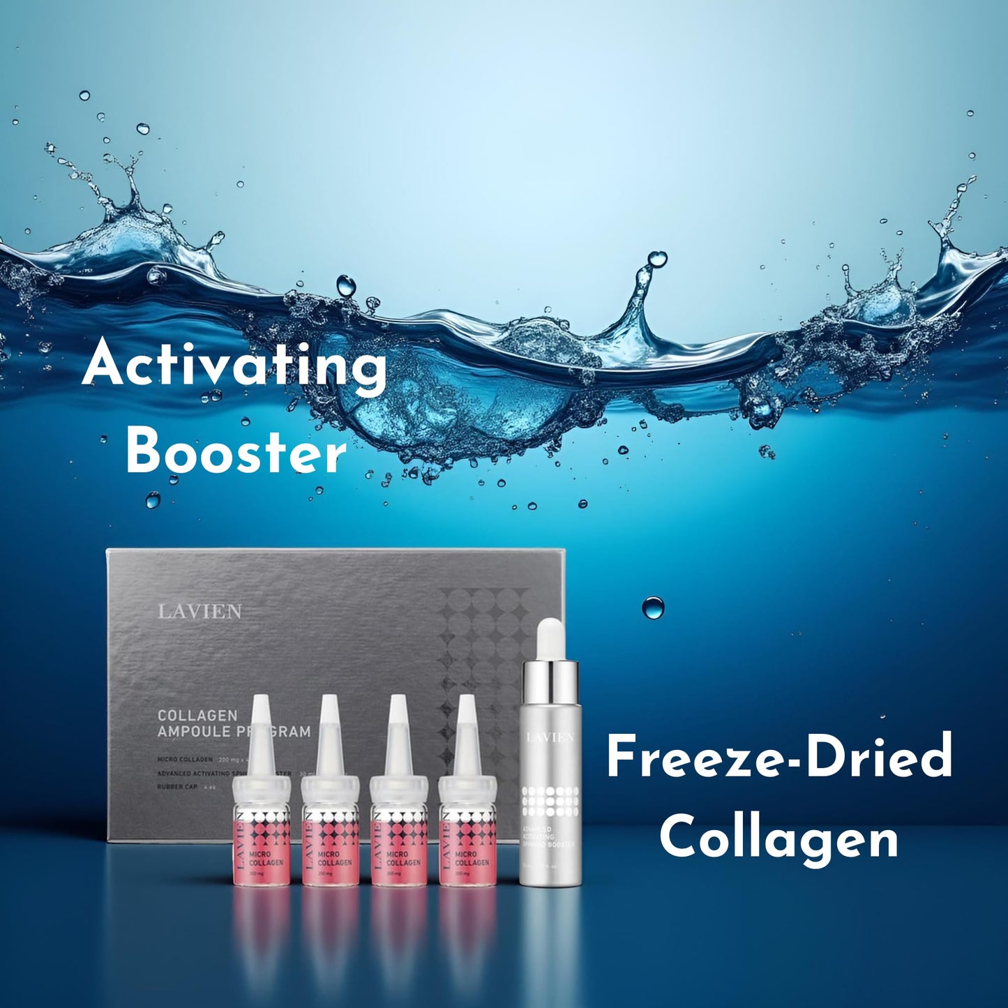 Lavien Collagen Ampoule Professional Program - Activating Booster, Ceramide, Elastin, Hyaluronic Acid, All Skin Types - 30ml Booster Bottle, 4-200mg Collagen with Dropper