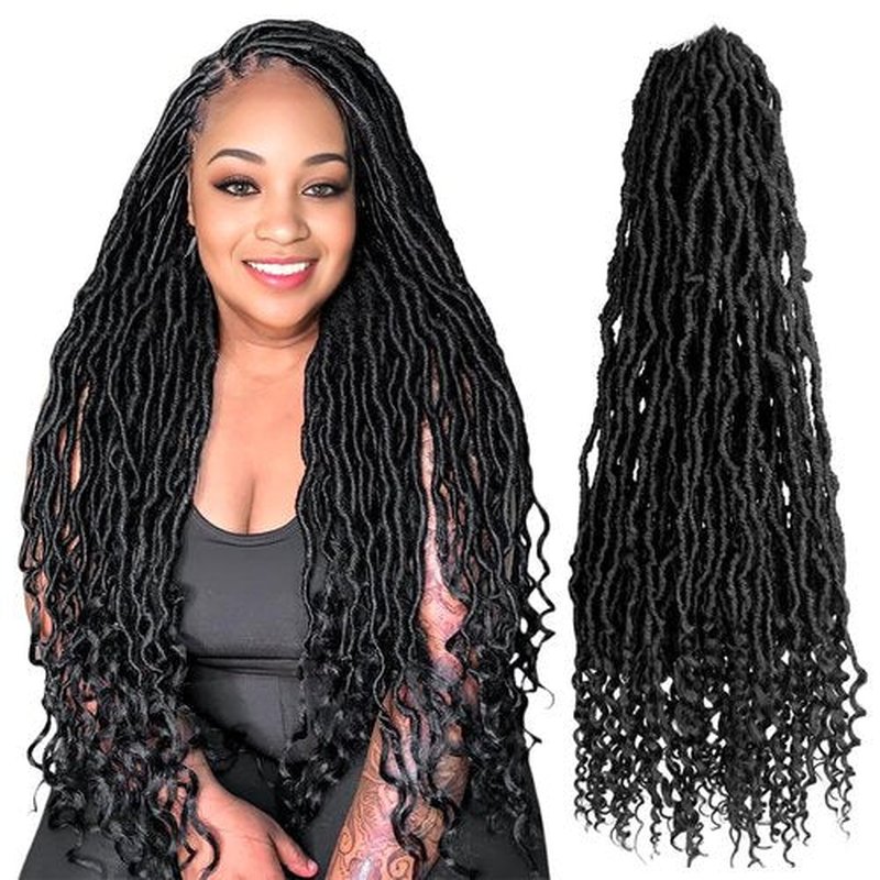 SERENDIPA Boho Faux Locs Curly End, 30 Inch Long Pre-Looped Soft Crochet Goddess Locs Synthetic Hair (6 Packs, 1B, Natural Black)