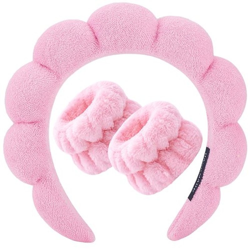 Zkptops Spa Headbands for Women Girls Sponge Cute Pink Makeup Skin Care Headband Wristbands Set for Washing Face Towels Bubble Soft Hairband Puffy Headwear Winter Non Slip Thick Thin Hair Accessory