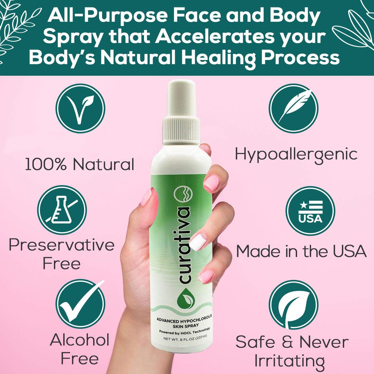 Curativa Bay .02% Hypochlorous Spray, Clear Skin, Most Effective for Total Skin Health. 100% Organic, Made in USA, Produces Great Results. 8 OZ