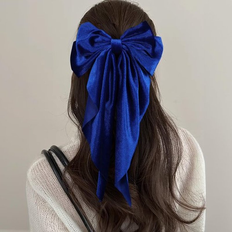 2pc Royal Blue Velvet Ribbon Hair Bows for Women Girls Big Bowknot Hair Clips with Long Tail French Barrette Hair Clamps Wedding Party Hair Decor Accessories